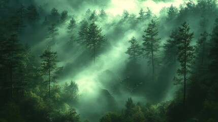 Obraz premium Misty forest with sunlight filtering through the trees.