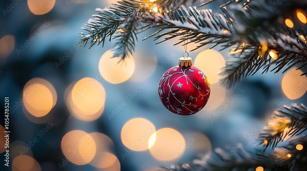 Poster festive red bauble on snowy christmas tree branch with illuminated lights : generative ai