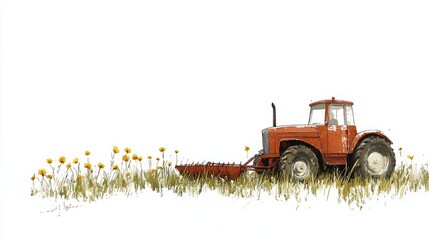 Red Tractor in Field with Wildflowers Rural Landscape Agriculture Farm Equipment