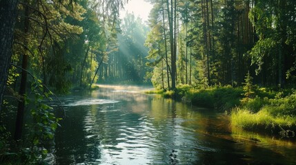 A calm river winding through a dense forest, sunlight dappling the water