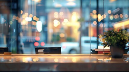 Behind the receptionists desk a large window offers a view of the bustling city street below.