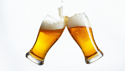 Floating beer glasses toasting on a white background