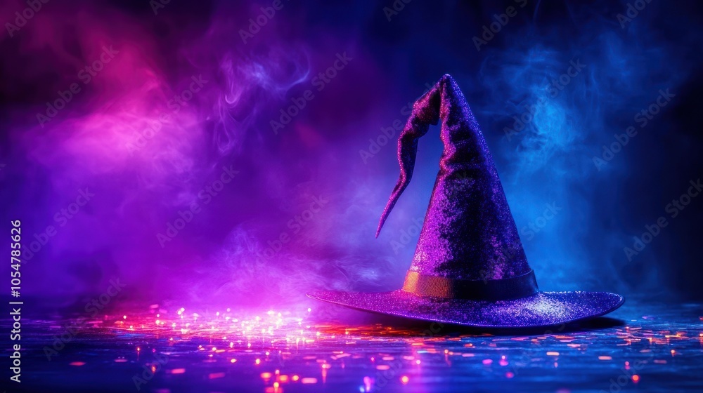 Wall mural a mystical purple witch hat surrounded by colorful lights and smoke, evoking halloween vibes.