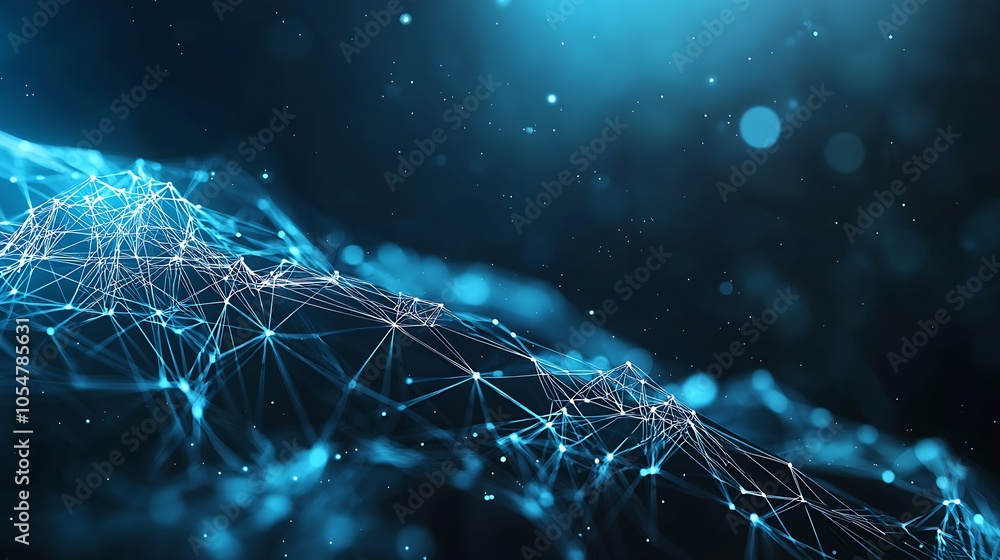 Poster Abstract 3D Digital Polygonal Network Structure with Blue Sparkles and Connected Lines : Generative AI