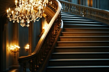 Elegant staircase with chandelier in classic interior