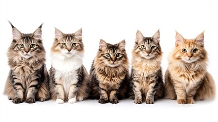 Obraz premium Five Adorable Maine Coon Kittens Sitting in a Row on a White Background : Generative AI