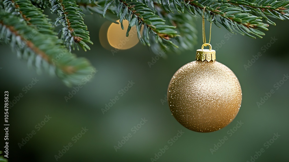 Poster golden christmas ornament hanging on evergreen tree branch with soft green background : generative a