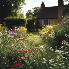 Obraz premium Cottage garden with wildflowers and herbs