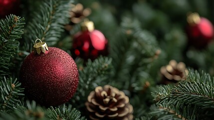 Fototapeta premium Festive Christmas Tree with Red Ornaments and Pine Cones in a Lush Green Setting : Generative AI