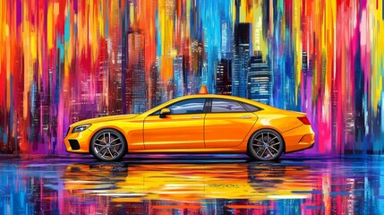 Yellow Car in Urban Art Scene Cityscape Abstract Colors Street Art Modern Car Paint Strokes Night