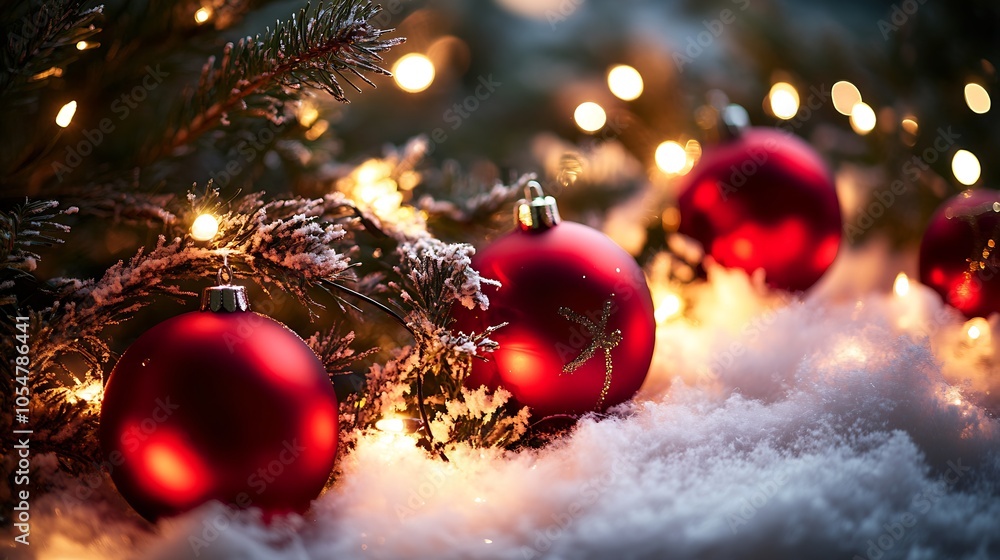 Aufkleber Cozy Holiday Vibes with Illuminated Red Baubles in Soft Snow : Generative AI