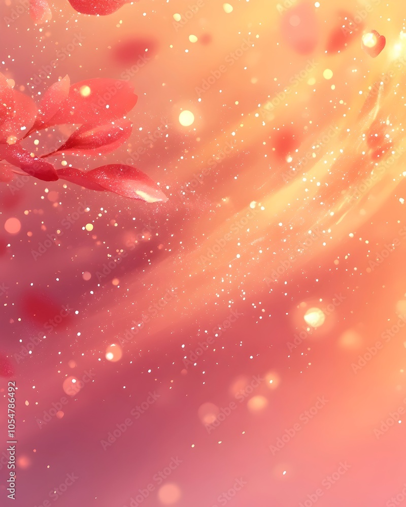 Poster a dreamy abstract background featuring soft pink petals and sparkling golden bokeh, creating a seren