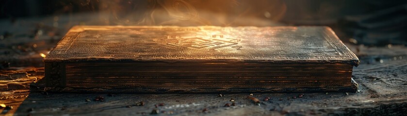 Naklejka premium A worn leather-bound tome, its cover embossed with ancient runes, beckons the reader to ancient times Bathed in the warm hues of a golden hour, the book exudes an aura of mystique, promising 
