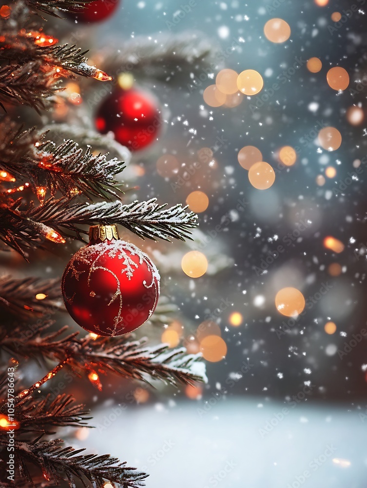 Poster christmas tree with red ornaments against a snowy backdrop and falling snowflakes : generative ai