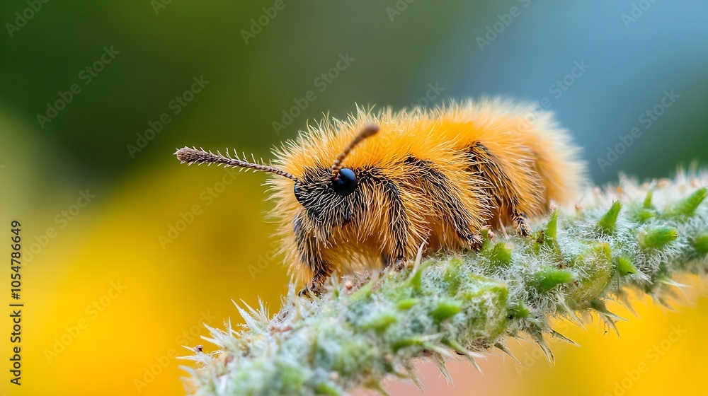 Poster closeup of fuzzy bumblebee on spiky thistle in vibrant natural background : generative ai