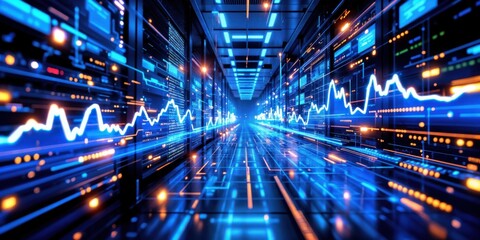 Futuristic Data Center with Digital Overlay