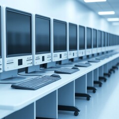 Fototapeta premium A row of computers in a modern workspace for collaborative use.