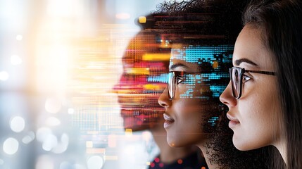 Digital composite of diverse professional women with colorful interface effects : Generative AI