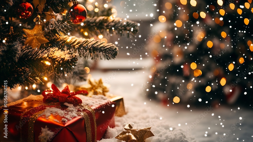 Poster christmas gift boxes under tree with glittering lights and snowfall : generative ai