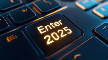 Backlit keyboard featuring glowing Enter 2025 key, showcasing modern technology and design. Ideal for tech enthusiasts and gamers