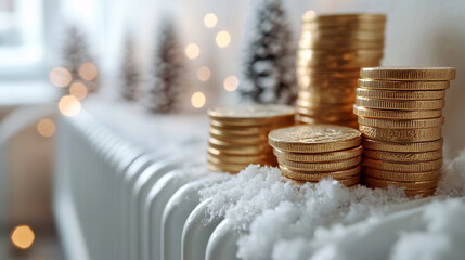 gold coins rest on a heating radiator, symbolizing rising energy costs and financial pressure. This image conveys the need to save or invest amidst rising heating expenses and inflation