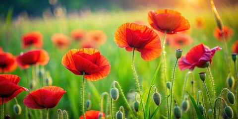 Fototapeta premium Vibrant red poppies standing out in lush green grass, nature, flowers, landscape, beauty, vibrant, colorful, bloom, meadow