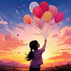 幻想的な空に浮かぶ風船と少女