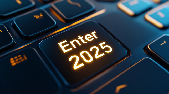 Backlit keyboard featuring glowing Enter 2025 key, showcasing modern technology and design. Ideal for tech enthusiasts and gamers