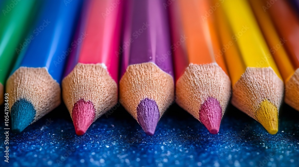 Poster macro shot of multicolored wooden crayons on textured blue surface : generative ai