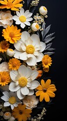 White and yellow paper flowers on a black background.
