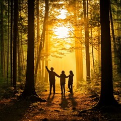 森の中で遊ぶ家族