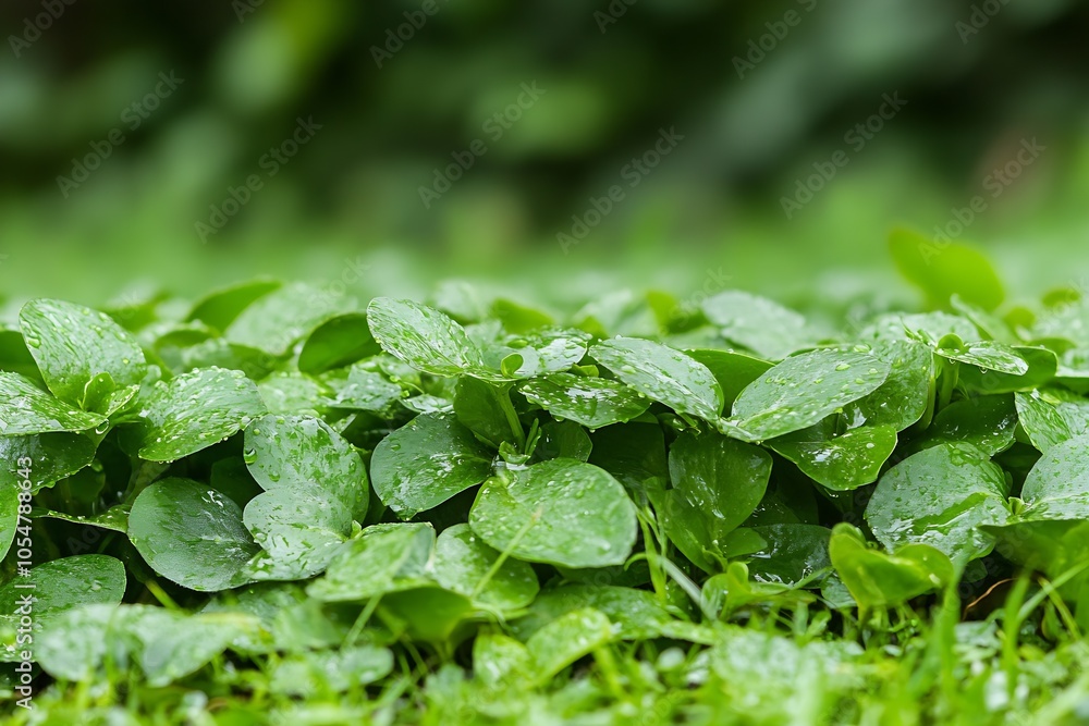 Poster raindrops on green leaves creating a fresh and lively natural scene : generative ai