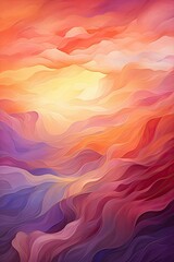 Fototapeta premium Abstract painting of a sunset over a landscape of wavy hills. Vibrant colors create a dreamy atmosphere.