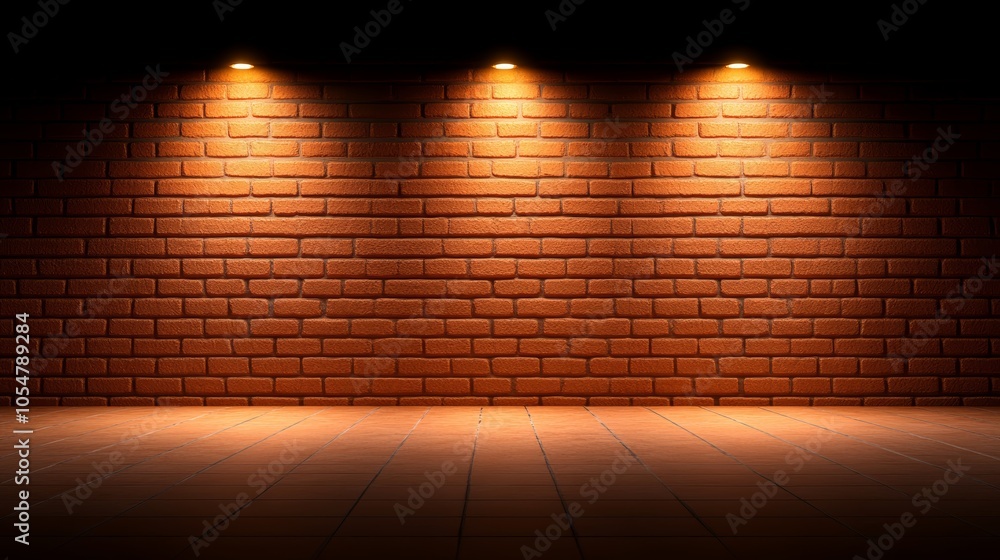 Poster illuminated brick wall texture with three lights, ideal background for design projects and architect