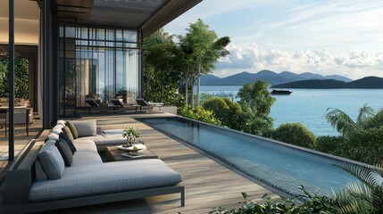 Luxurious Seaside Living Room Interior with Floor-to-Ceiling Windows