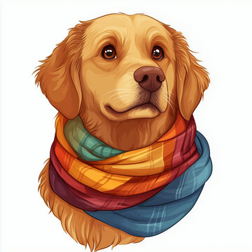 recommend clip art: Portrait of a golden retriever wearing a multicolored scarf illustration on a white background