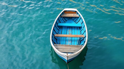Obraz premium Lonely Rowboat on Clear Turquoise Water Reflecting Sky Summer Travel Adventure Seaside Getaway : Generative AI