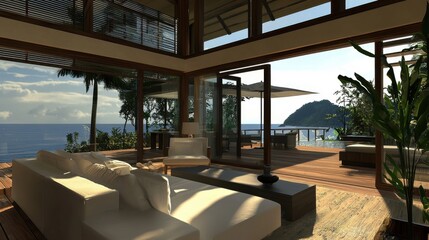 Fototapeta premium Luxurious Seaside Living Room Interior with Floor-to-Ceiling Windows