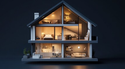 A modern, illuminated dollhouse showcasing various rooms and cozy interiors.