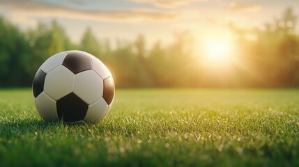 Fototapeta premium Vibrant sunset soccer scene, ball on green grass, perfect for sports enthusiasts and nature lovers