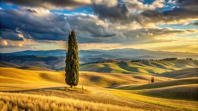 Tall cypress tree overlooking golden rolling hills under a partly cloudy sky, with distant mountains