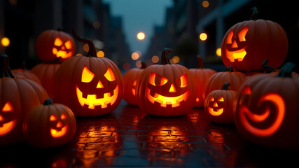 Fototapeta premium Lots of glowing pumpkins on the cobblestone driveway in town for Halloween day