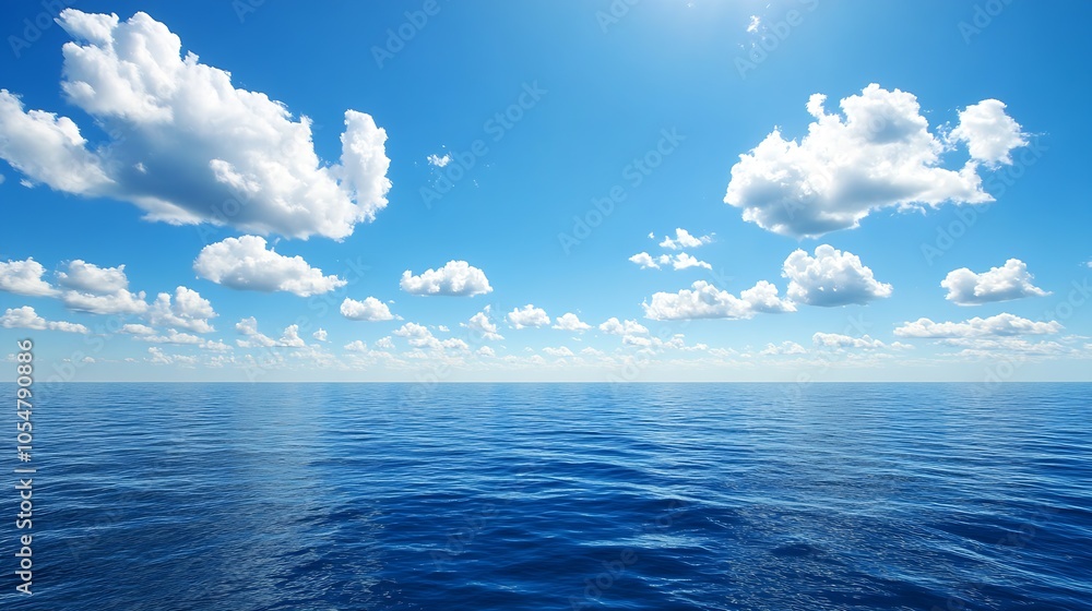 Poster Expansive blue ocean under a bright sky with fluffy white clouds in a serene and tranquil seascape view : Generative AI