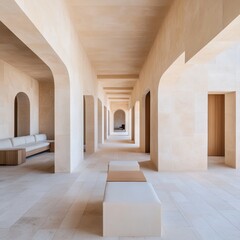 A serene architectural corridor featuring soft colors and minimalist design.