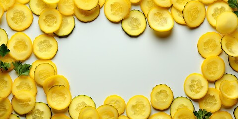 Freshly sliced zucchini arranged in a frame on a white background.