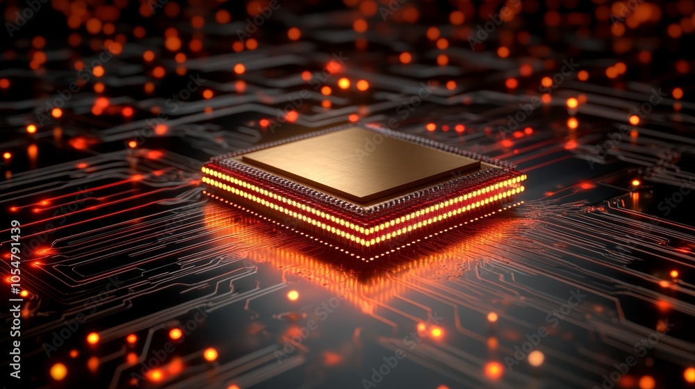 Poster illuminated computer chip on circuit board, advanced technology, data processing, and digital innova