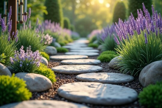 Tranquil Garden Pathway with Lavender and Natural Stone Walkway
