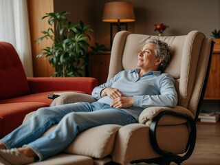Relaxed Senior Woman Enjoying Leisure Time in Comfortable Recliner at Home