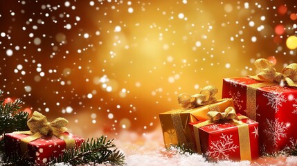 Festive Christmas Scene with Vibrantly Wrapped Gifts Under Falling Snow in Warm Glow : Generative AI