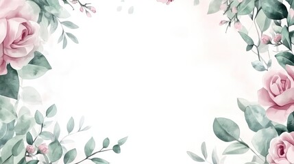 A floral border design featuring soft pink roses and green leaves on a light background.